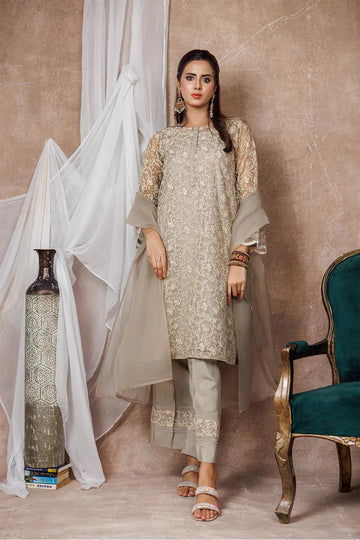 Women formal clothes | Beige & Fawn | Formal 3 Piece Suit | Banarsi Organza Plain Nylon | LDD-03094